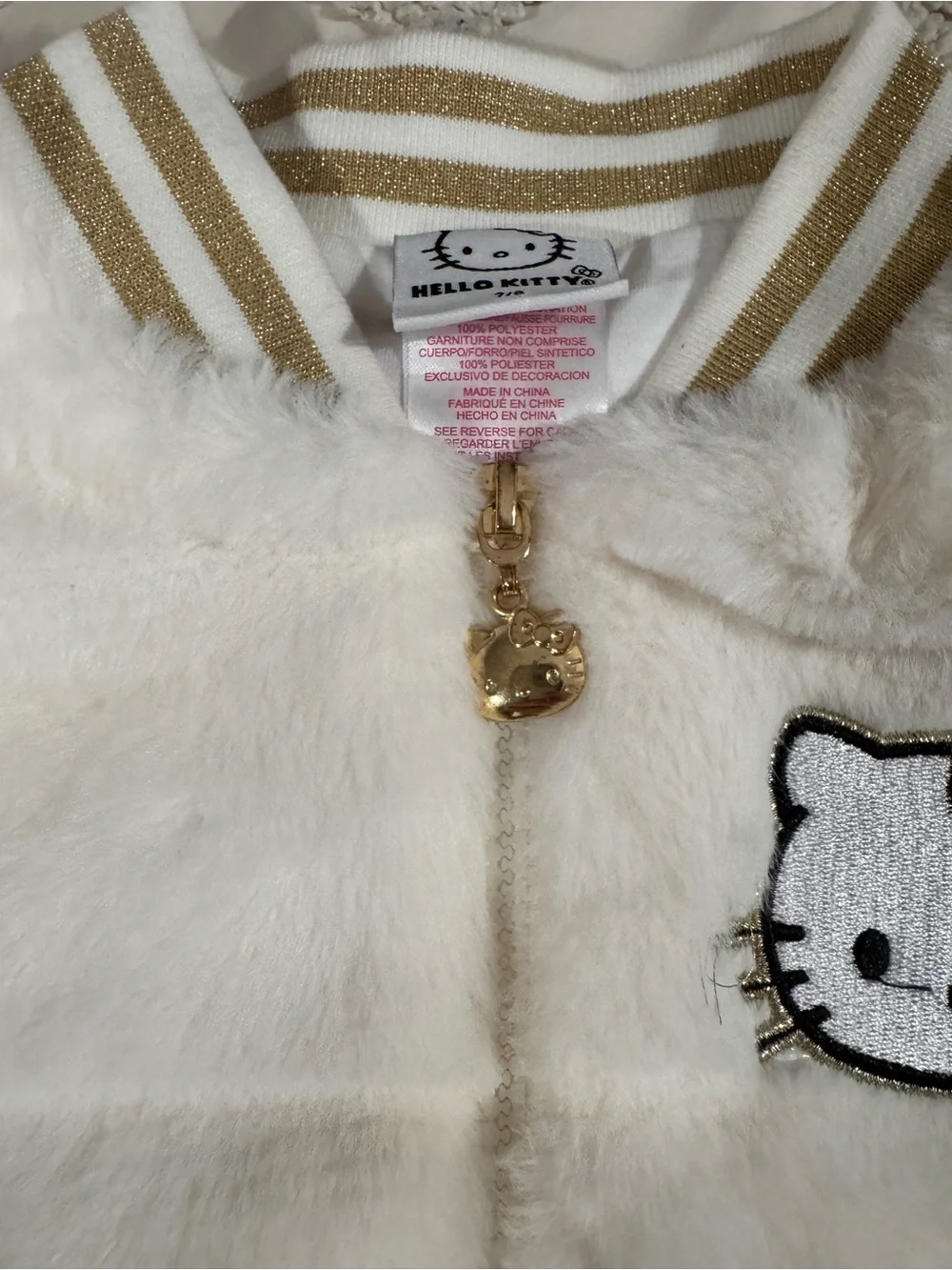 Hello Kitty White Faux Fur Zip Vest with Gold Trim